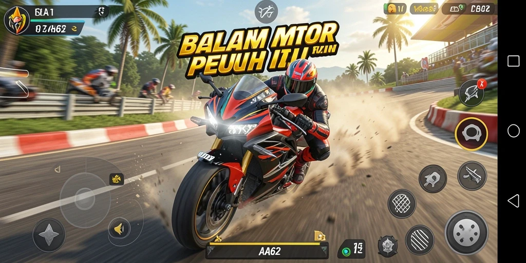 Screenshot gameplay AA62 menampilkan balapan motor yang seru.