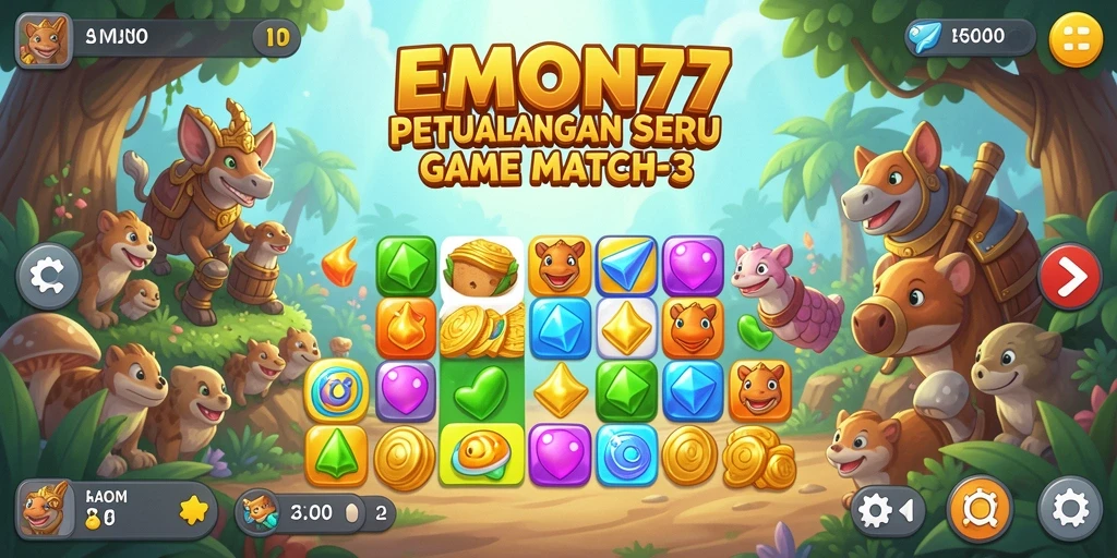 Screenshot gameplay seru EMON77 dalam gaya Match-3.