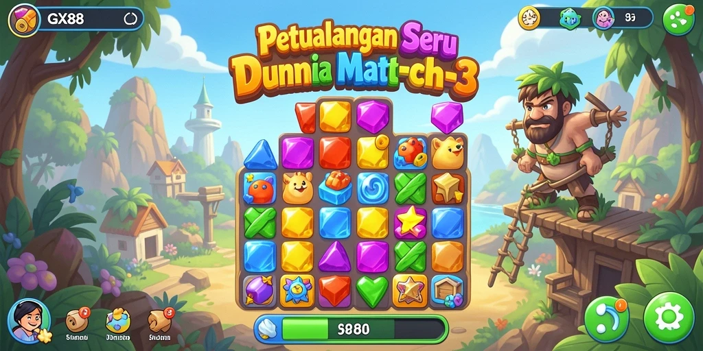 Tangkapan layar gameplay GX88 yang menampilkan tantangan mencocokkan permata.