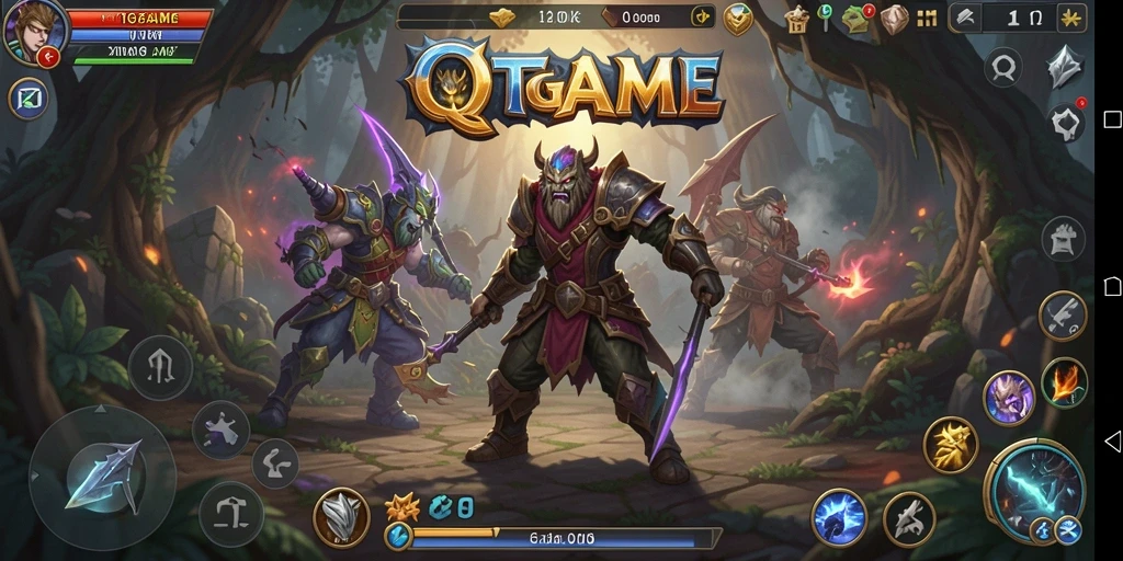Tangkapan layar utama QTGAME menampilkan pertempuran epik dalam dunia RPG.
