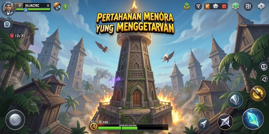 Screenshot utama RAJACORC menampilkan aksi menara dan strategi pertahanan yang dinamis.