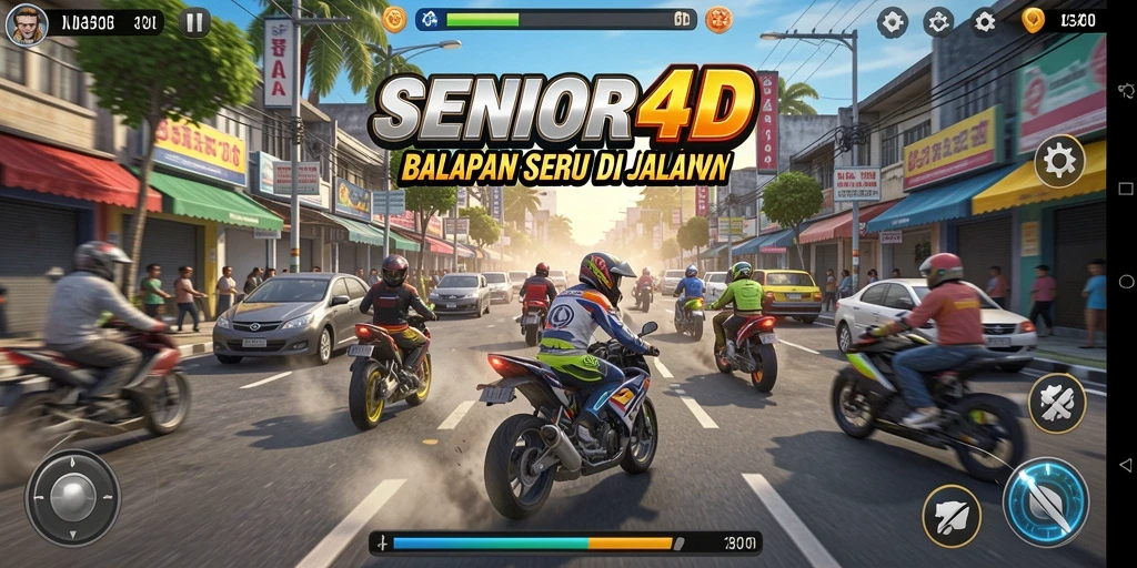 Screenshot gameplay SENIOR4D yang menampilkan aksi balapan mendebarkan.